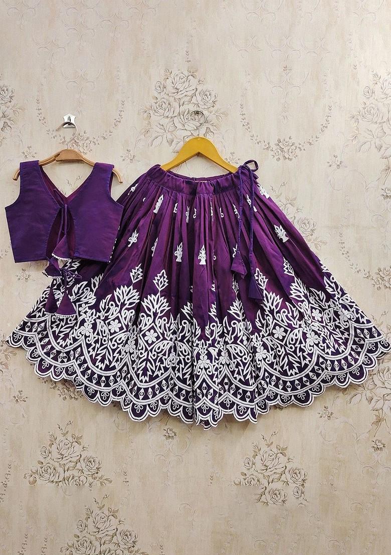Purple Embroidered Blended Lehenga Choli For Girls - Indya