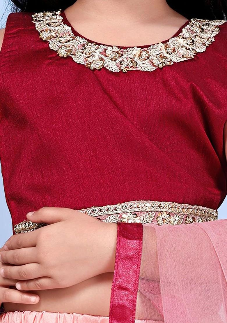 Peach Embroidered Blended Lehenga Choli For Girls - Indya