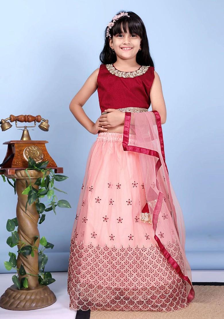 Peach Embroidered Blended Lehenga Choli For Girls - Indya