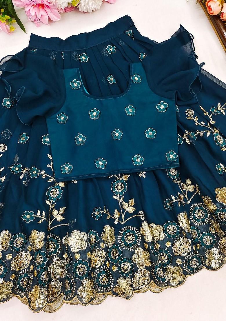 Teal Embroidered Georgette Lehenga Choli For Girls - Indya