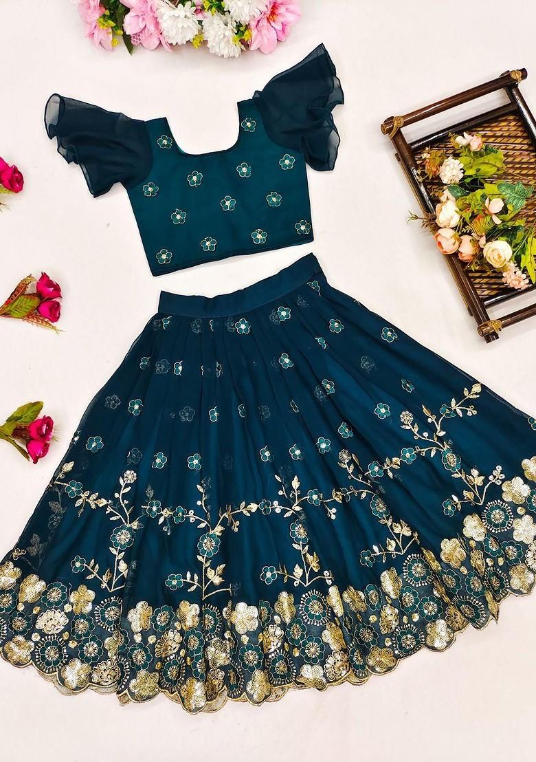 Teal Embroidered Georgette Lehenga Choli For Girls - Indya