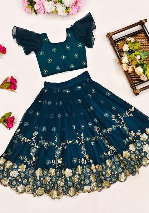Teal Embroidered Georgette Lehenga Choli For Girls — view on Indya