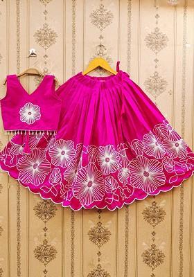 Pink Embroidered Blended Lehenga Choli For Girls