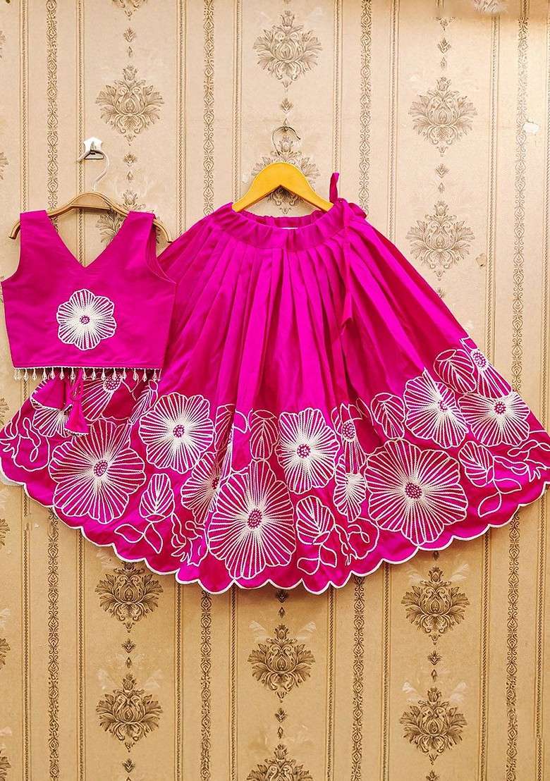 Pink Embroidered Blended Lehenga Choli For Girls - Indya