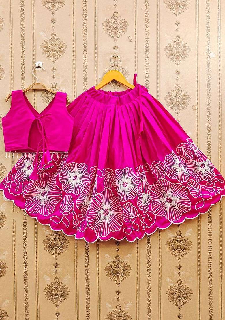 Pink Embroidered Blended Lehenga Choli For Girls - Indya