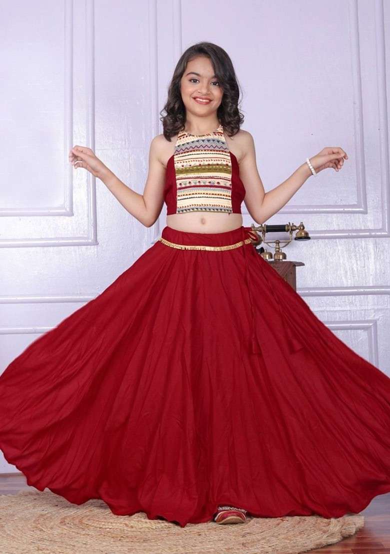 Maroon Printed Blended Lehenga Choli For Girls - Indya