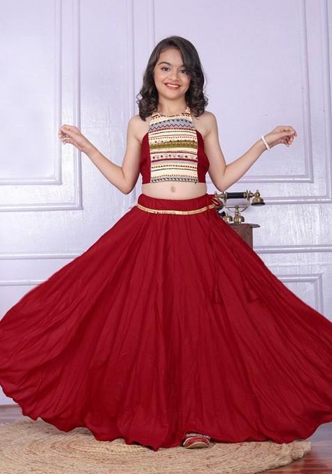 Maroon Printed Blended Lehenga Choli For Girls — view on Indya