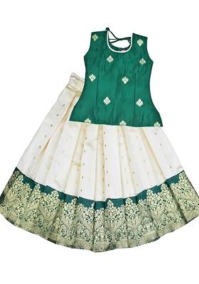 Green Embroidered Blended Lehenga Choli For Girls