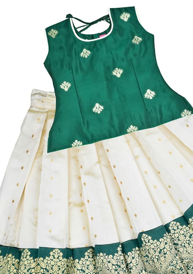Green Embroidered Blended Lehenga Choli For Girls - Indya