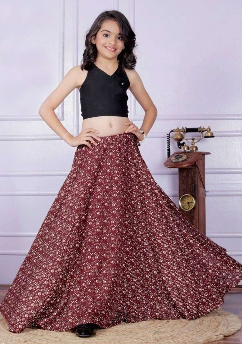 Maroon Embroidered Blended Lehenga Choli For Girls - Indya