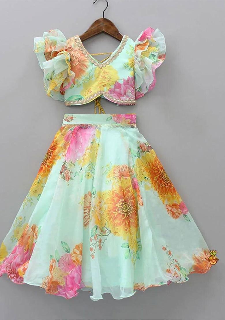 Blue Printed Blended Lehenga Choli For Girls - Indya