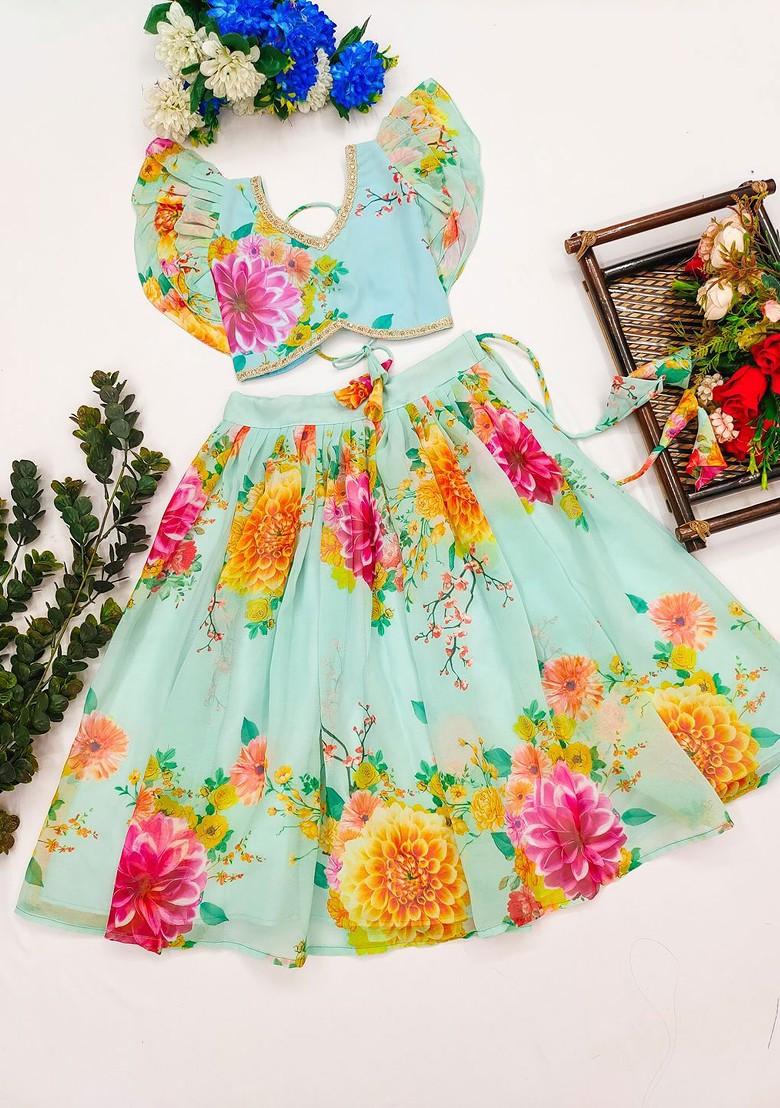 Blue Printed Blended Lehenga Choli For Girls - Indya