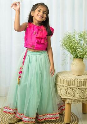 Pink Embellished Cotton Blend Lehenga Choli For Girls