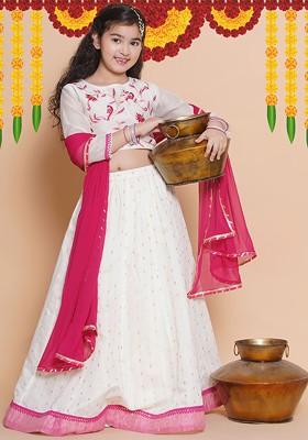 White Embroidered Blended Lehenga Choli For Girls