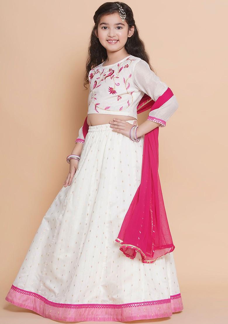 White Embroidered Blended Lehenga Choli For Girls - Indya