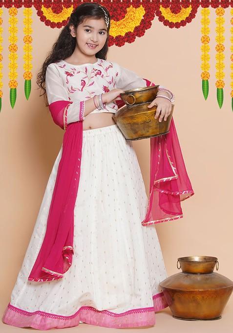 White Embroidered Blended Lehenga Choli For Girls