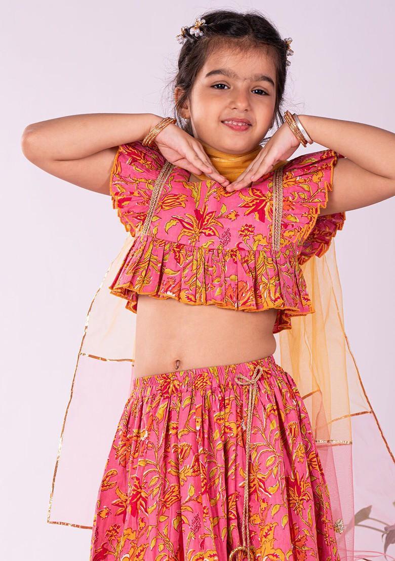 Pink Printed Blended Lehenga Choli For Girls - Indya