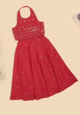 Red Embroidered Cotton Blend Lehenga Choli For Girls