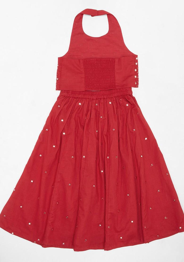 Red Embroidered Cotton Blend Lehenga Choli For Girls - Indya