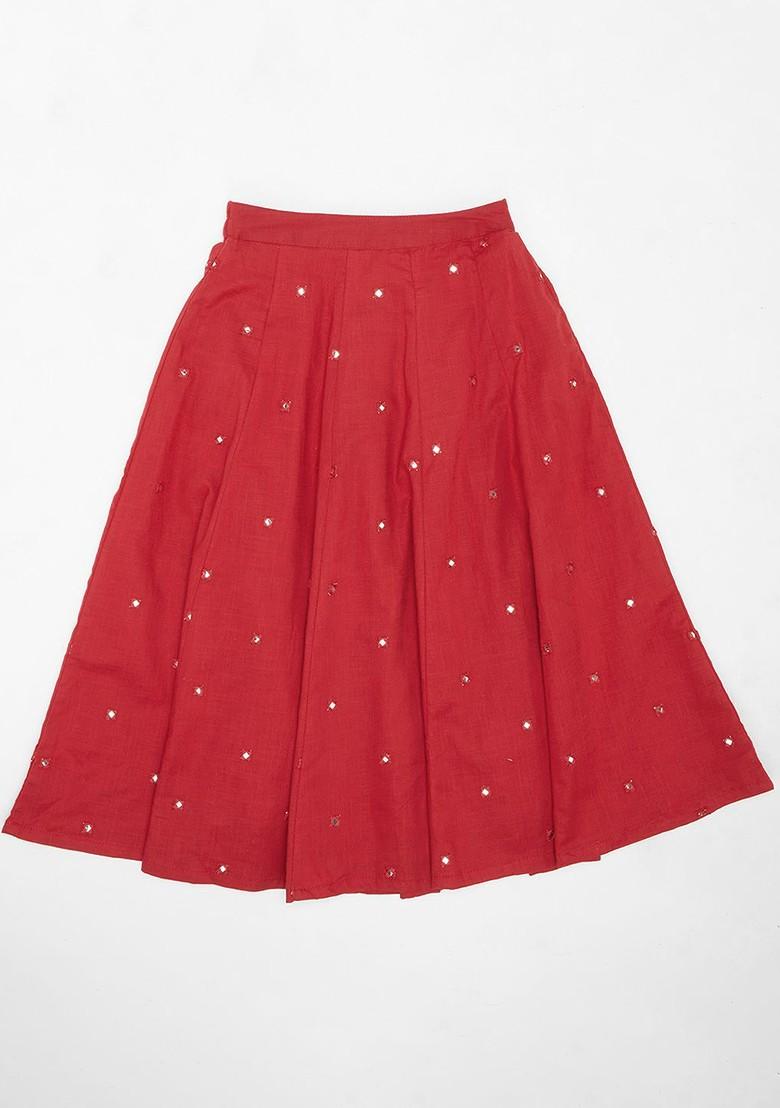 Red Embroidered Cotton Blend Lehenga Choli For Girls - Indya