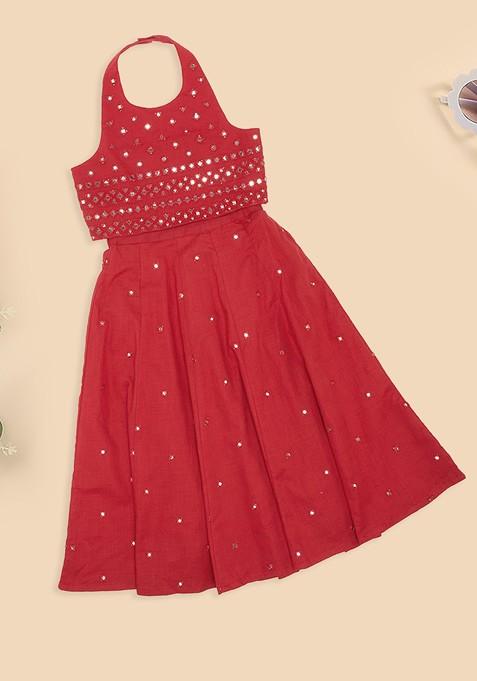 Red Embroidered Cotton Blend Lehenga Choli For Girls — view on Indya