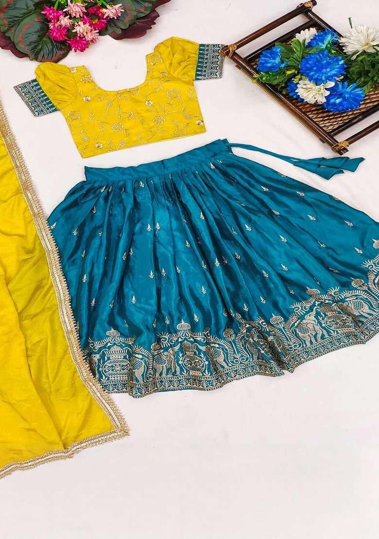 Mustard Embellished Silk Lehenga Choli For Girls - Indya