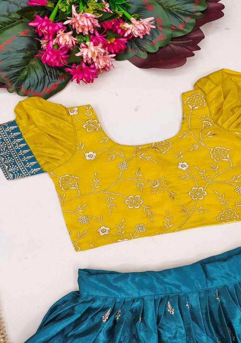 Mustard Embellished Silk Lehenga Choli For Girls - Indya