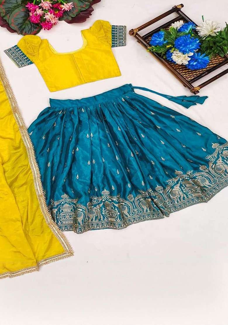 Mustard Embellished Silk Lehenga Choli For Girls - Indya