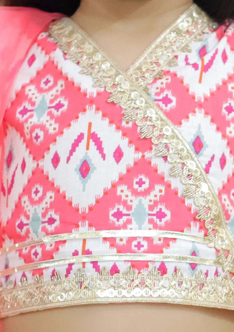 Pink Printed Cotton Blend Lehenga Choli For Girls - Indya