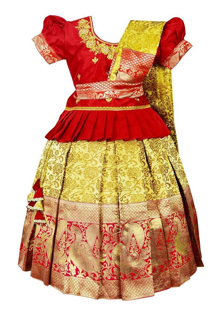 Red Embroidered Blended Lehenga Choli For Girls - Indya
