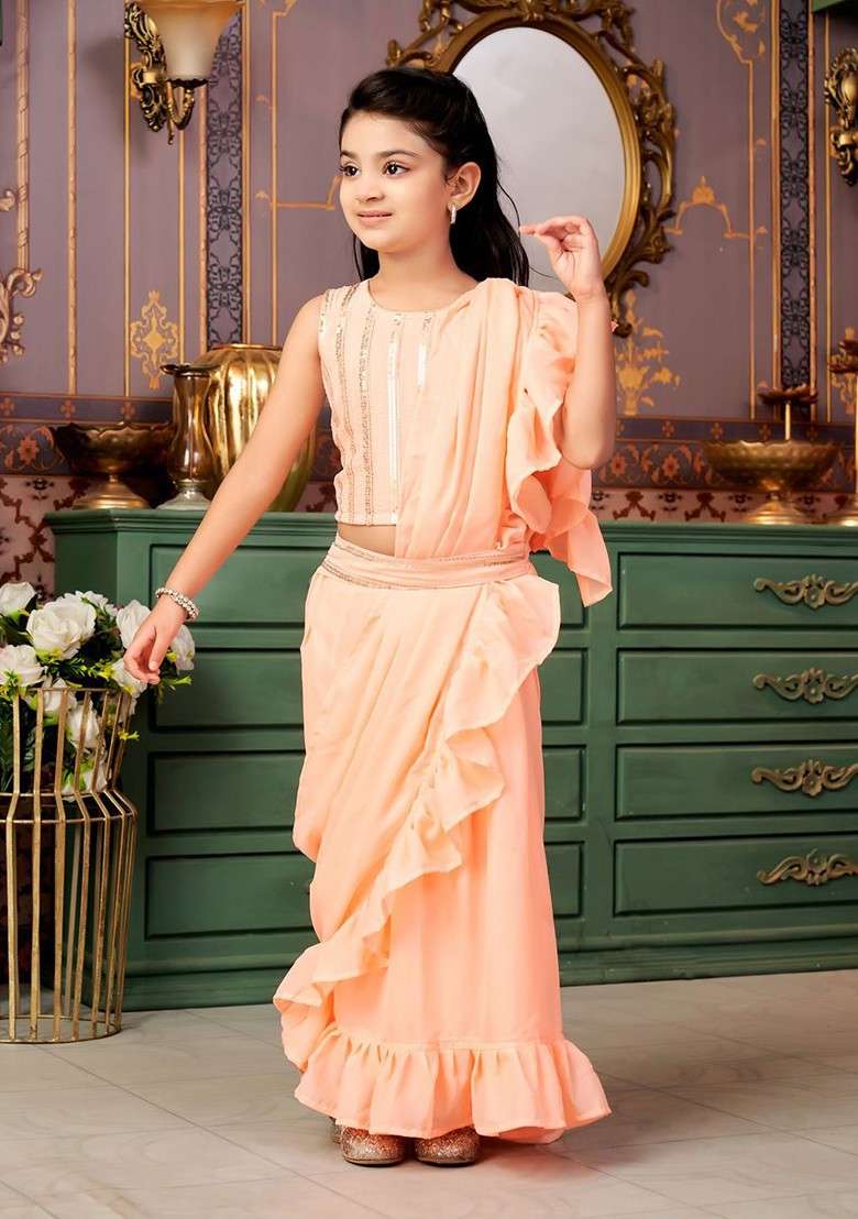 Peach Embellished Blended Lehenga Choli For Girls - Indya