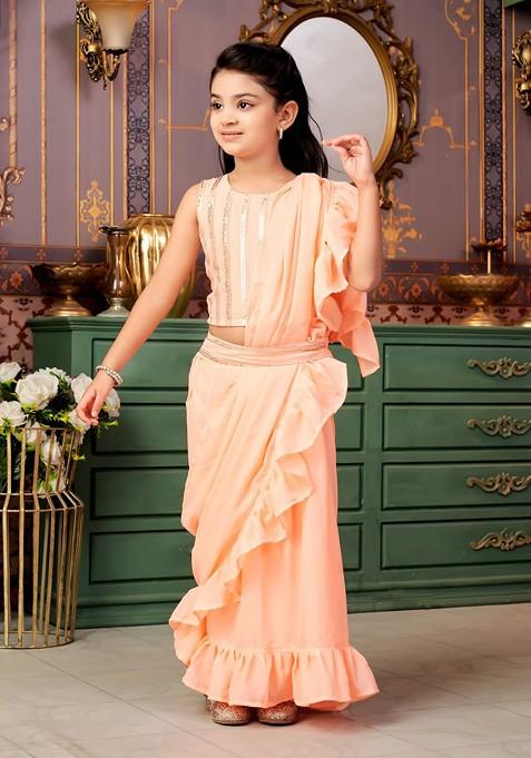 Peach Embellished Blended Lehenga Choli For Girls — view on Indya
