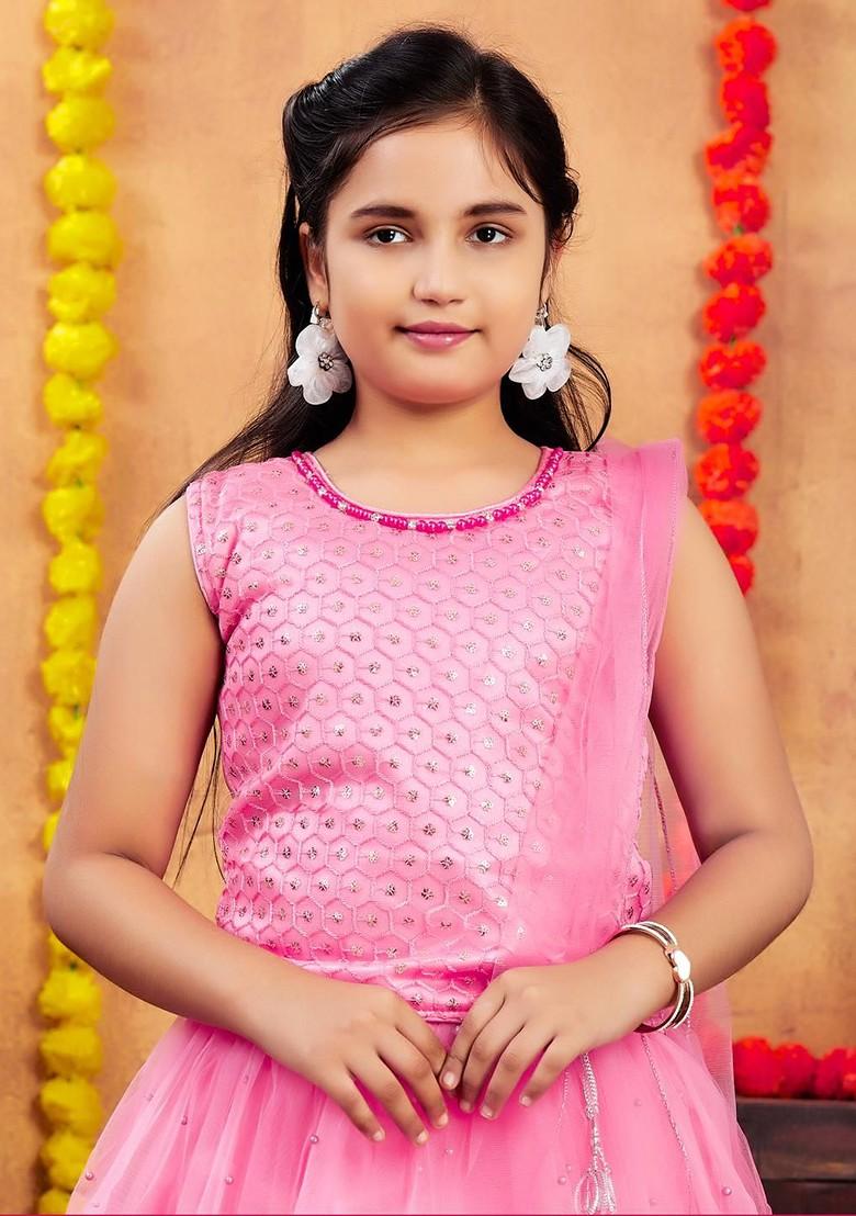 Red Embroidered Net Lehenga Choli For Girls - Indya