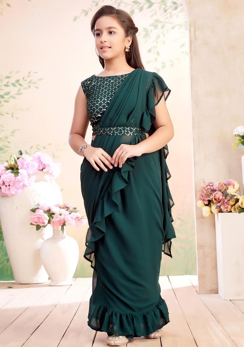 Green Embroidered Georgette Lehenga Choli For Girls - Indya