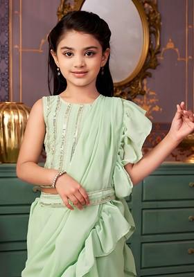 Green Embellished Blended Lehenga Choli For Girls