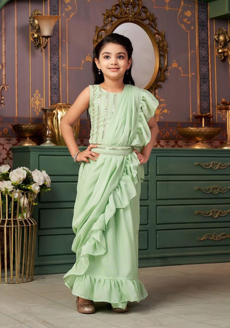 Green Embellished Blended Lehenga Choli For Girls - Indya