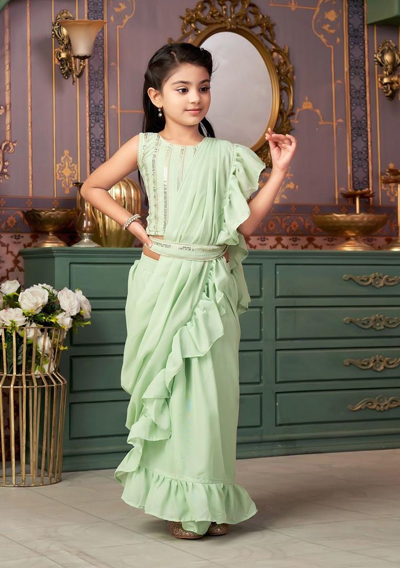 Green Embellished Blended Lehenga Choli For Girls - Indya