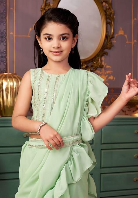 Green Embellished Blended Lehenga Choli For Girls — view on Indya