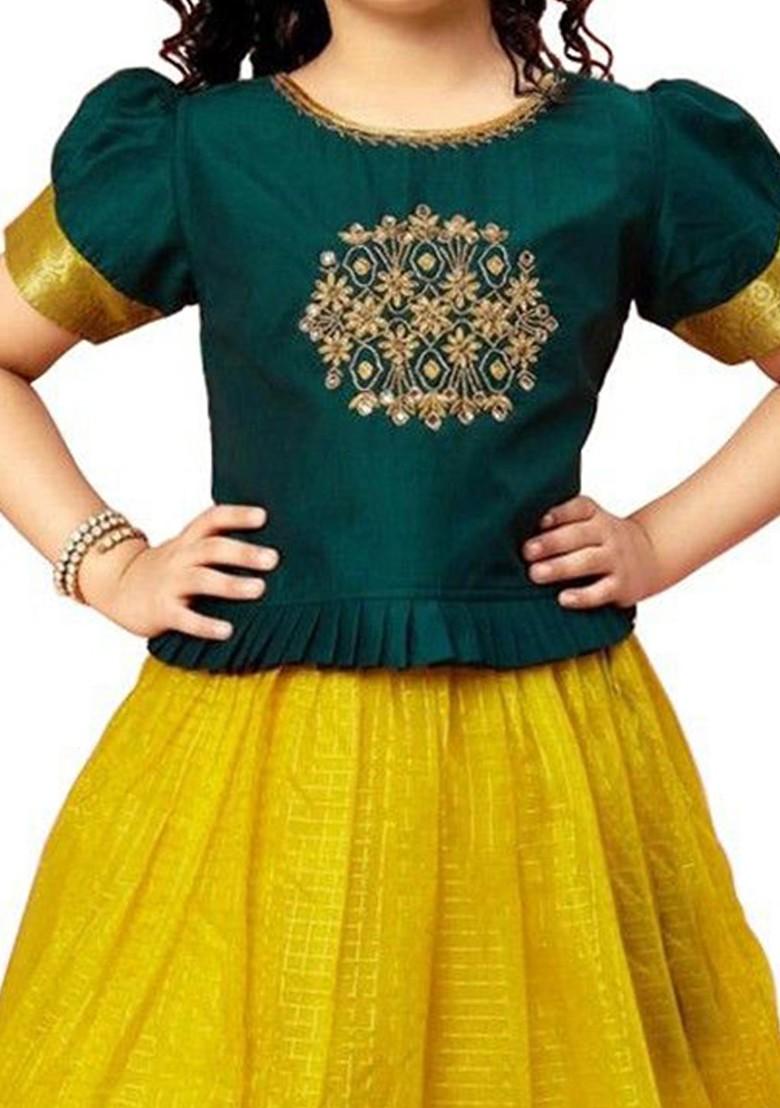 Green Embroidered Silk Lehenga Choli For Girls - Indya