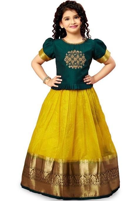 Green Embroidered Silk Lehenga Choli For Girls — view on Indya