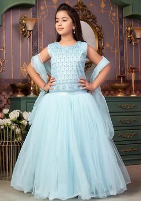 Turquoise Blue Embroidered Net Lehenga Choli For Girls