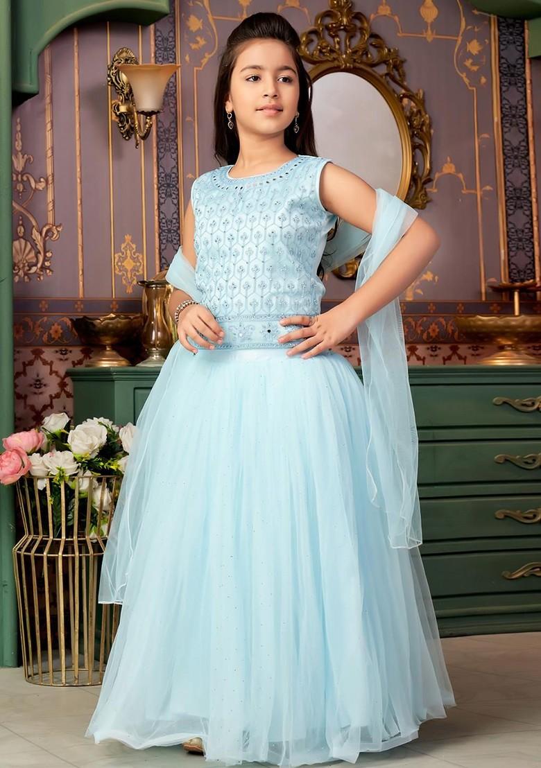 Turquoise Blue Embroidered Net Lehenga Choli For Girls - Indya