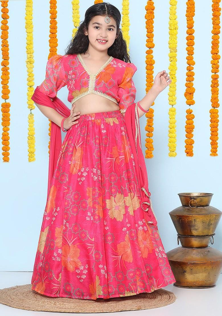 Pink Printed Blended Lehenga Choli For Girls - Indya