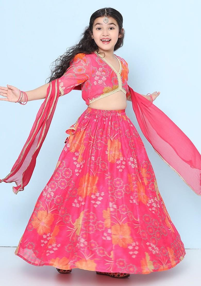 Pink Printed Blended Lehenga Choli For Girls - Indya