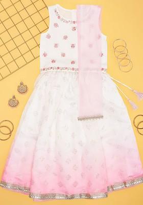 Off White Embroidered Blended Lehenga Choli For Girls