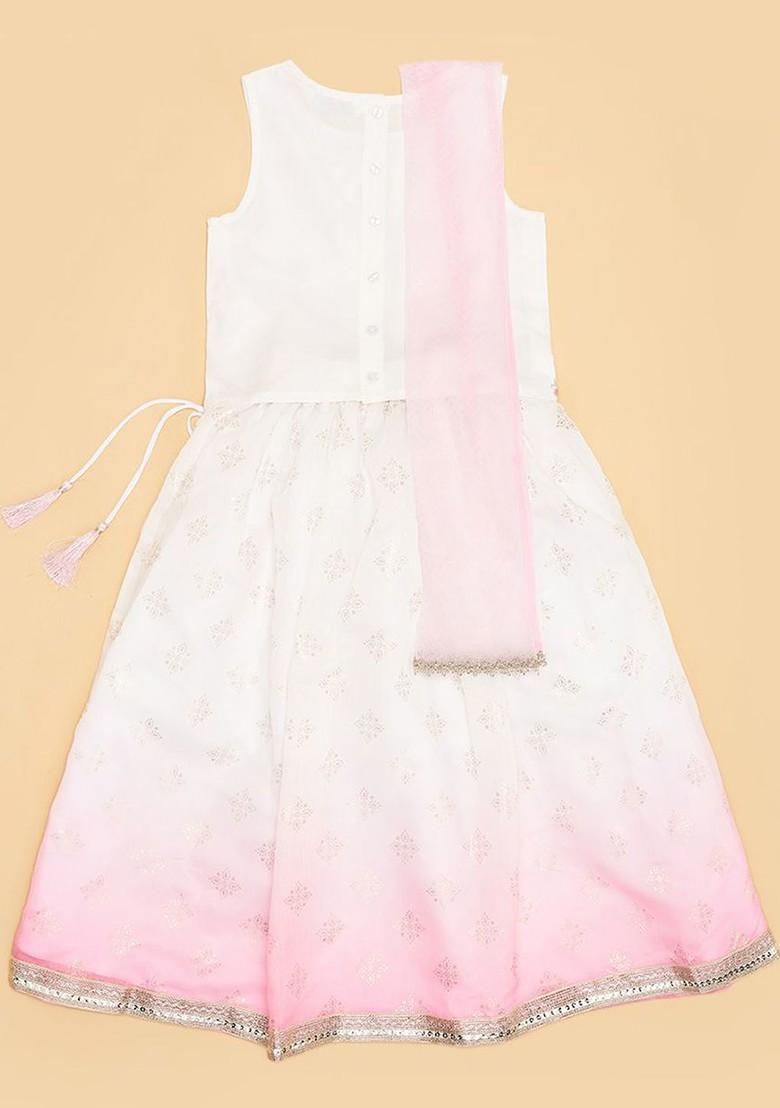 Off White Embroidered Blended Lehenga Choli For Girls - Indya