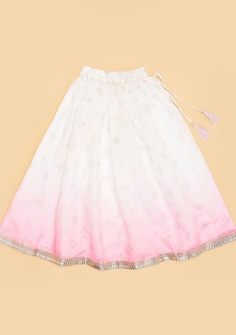 Off White Embroidered Blended Lehenga Choli For Girls - Indya