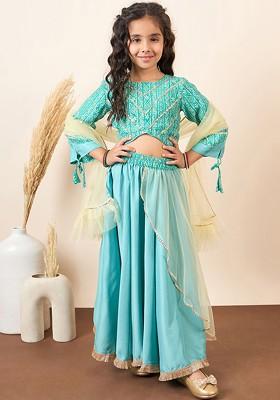 Green Embroidered Blended Lehenga Choli For Girls