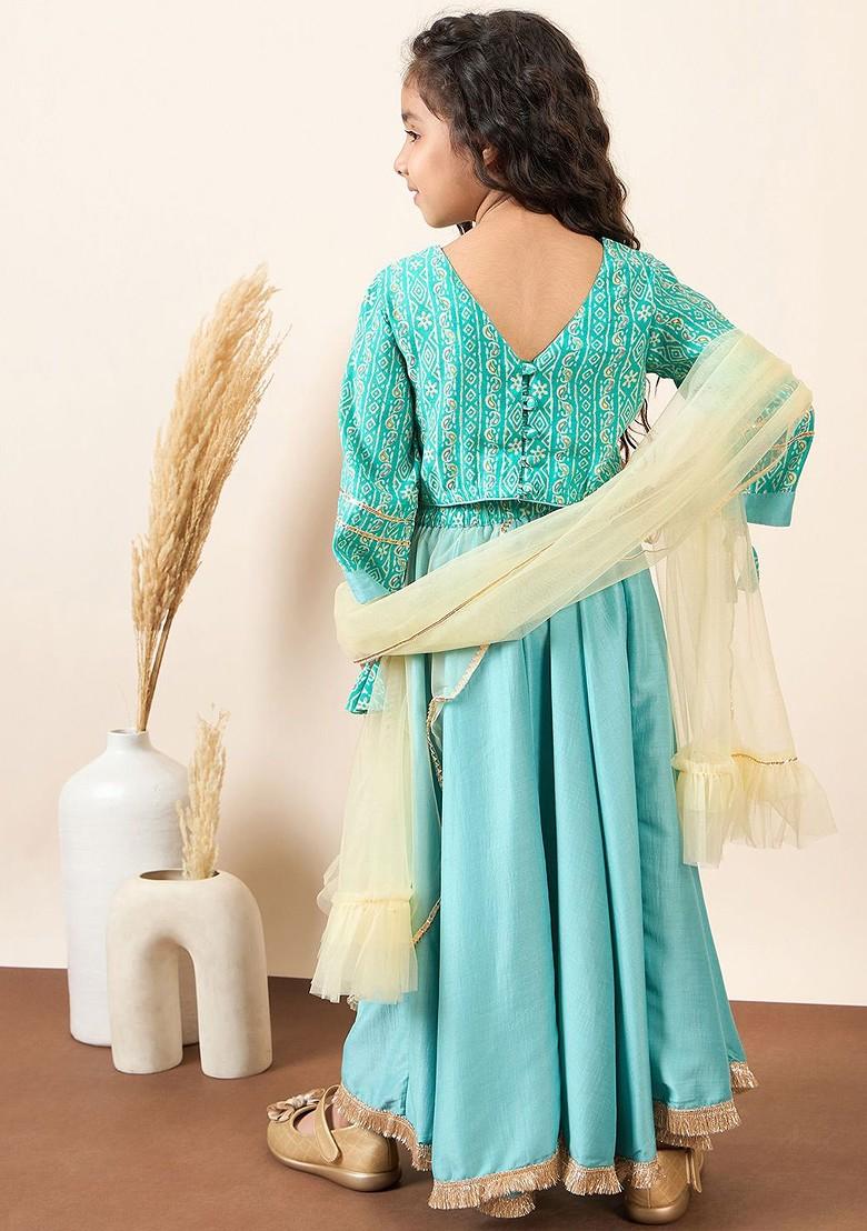 Green Embroidered Blended Lehenga Choli For Girls - Indya