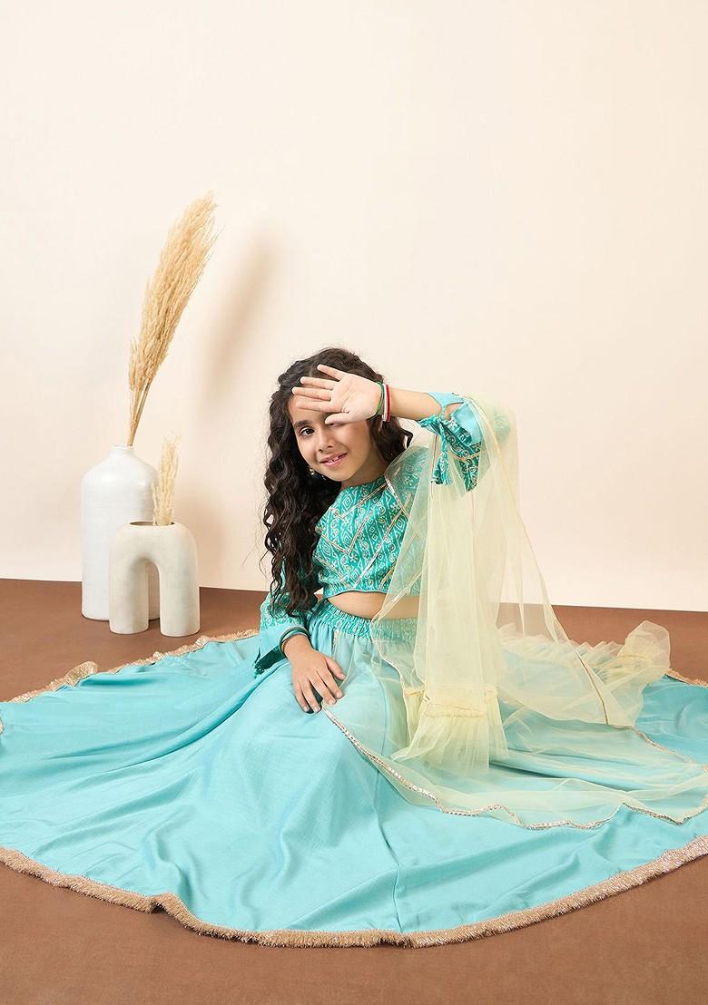 Green Embroidered Blended Lehenga Choli For Girls - Indya